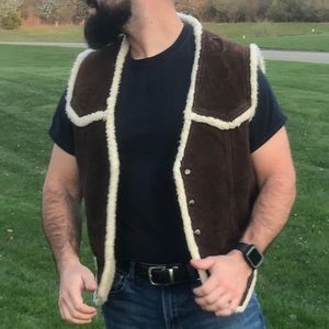 Vintage Montgomery Ward Leather, Fleece Sherpa Vest, Brown Suede, Men's, Snaps